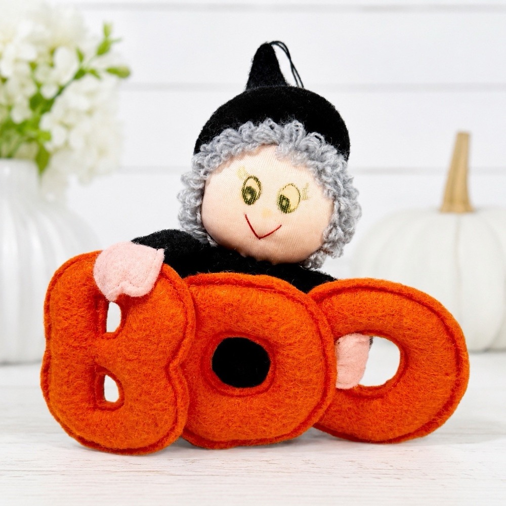 Vintage Russ Berrie Halloween Felt Witch BOO Ornament Plush Hanging Decoration